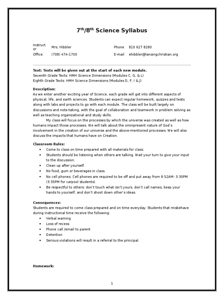Science Syllabus Homework Pedagogy