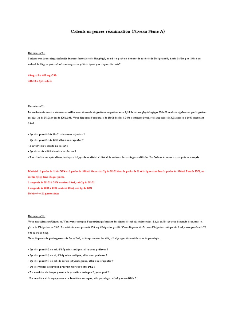 Exercice Calcul De Dose Infirmier 1ere Année Calculs Urgences Réanimation | PDF | Médecine de soins intensifs | Morphine