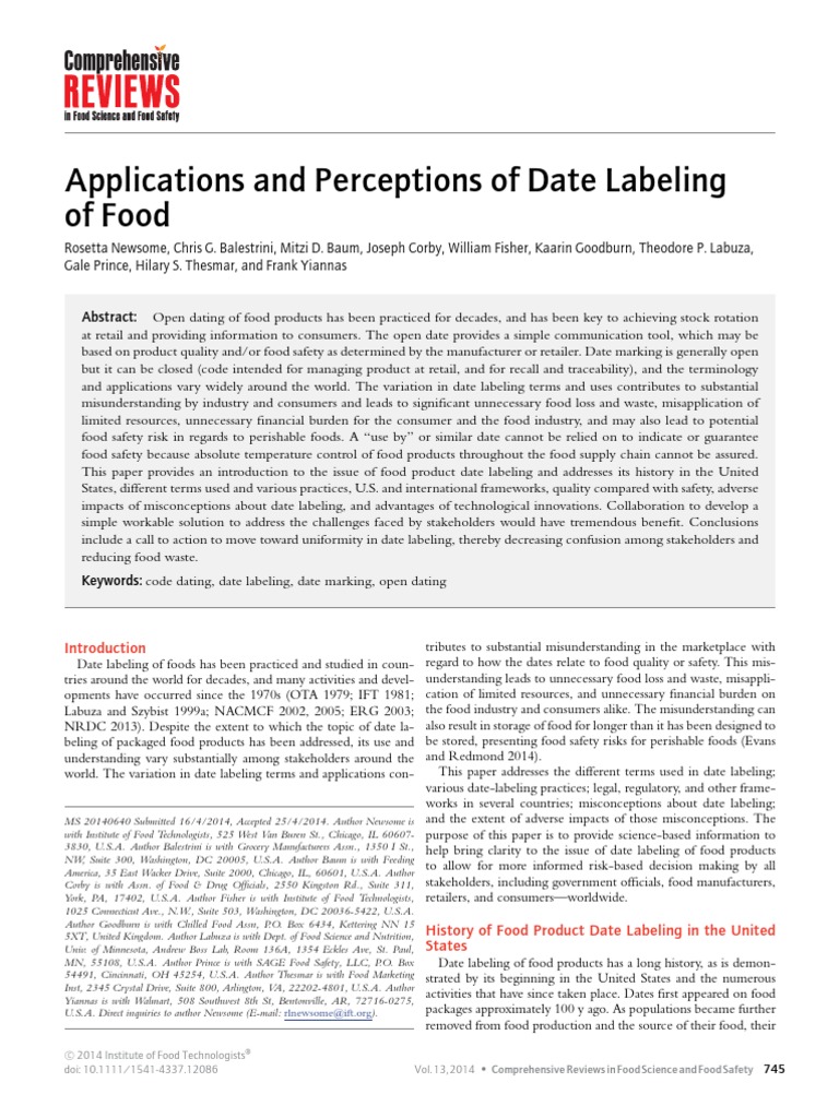 Food Date Labelling Applications and Percepctions Shelf Life