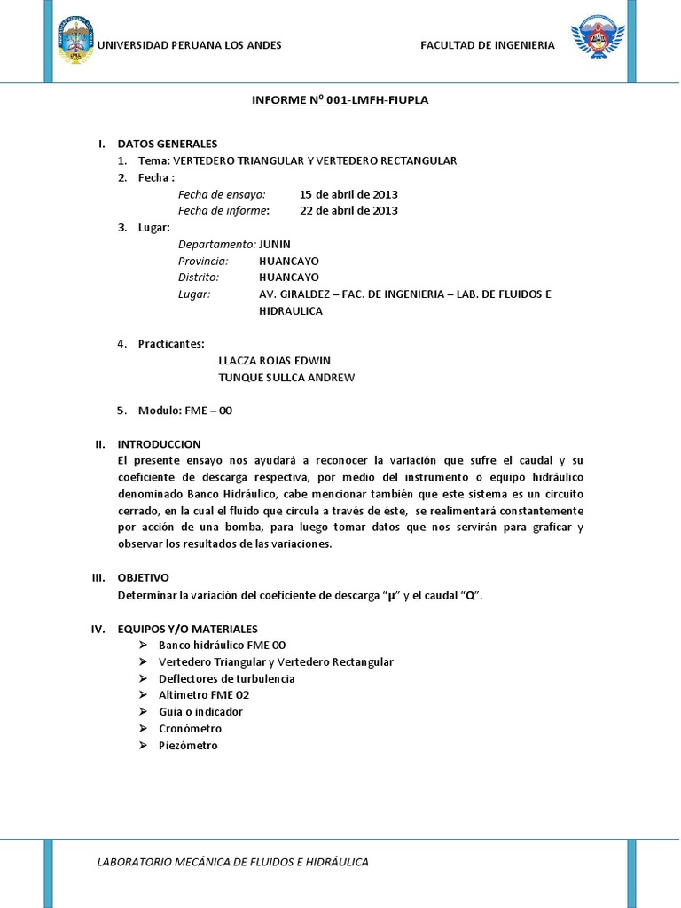 INFORME 01 Vertedero Rectangular y Triangular | PDF | Descarga ...