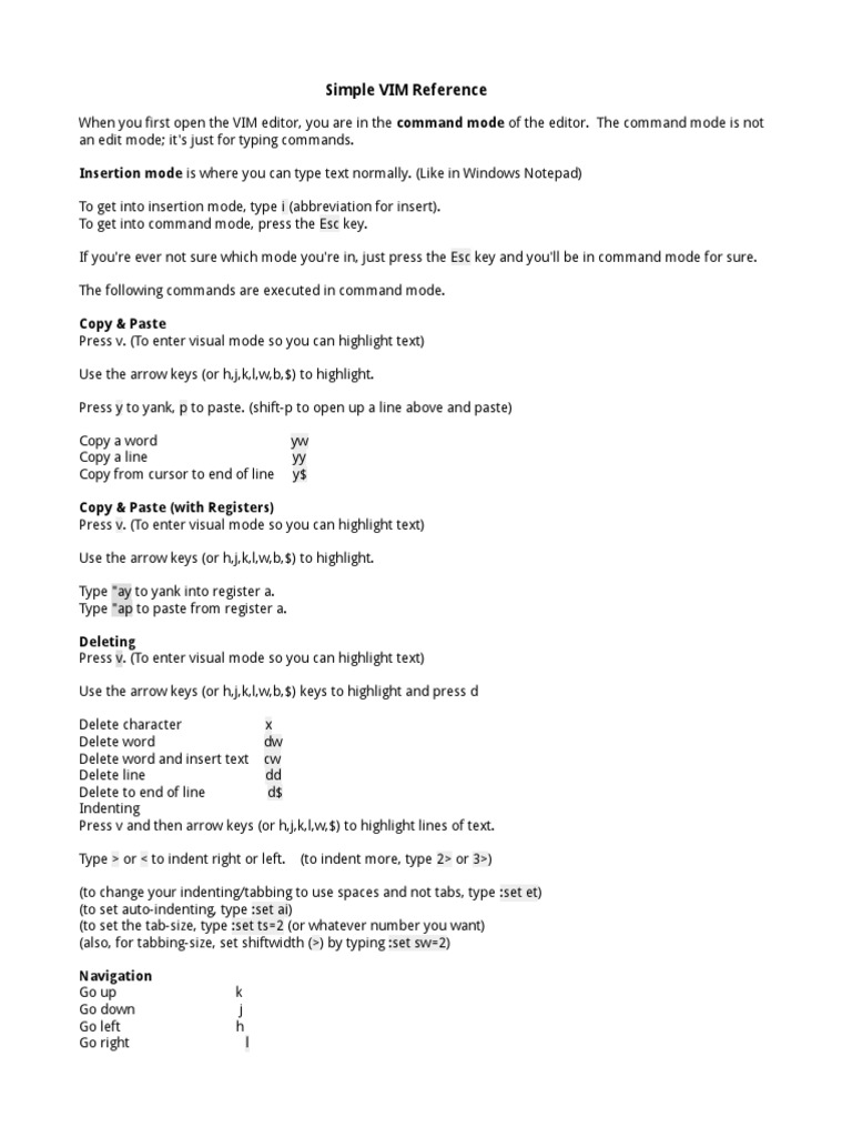 Simple Vim Reference | Download Free PDF | System Software | Computing