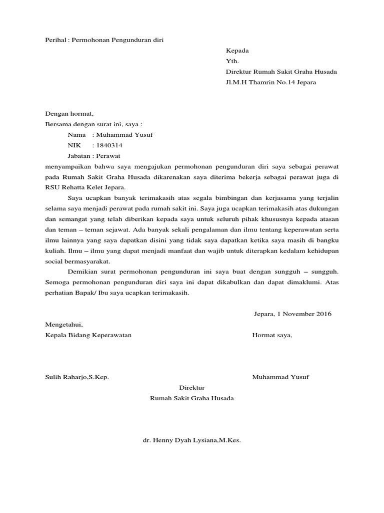 Contoh Surat Resign Sebagai Perawat Di Rumah Sakit Pdf