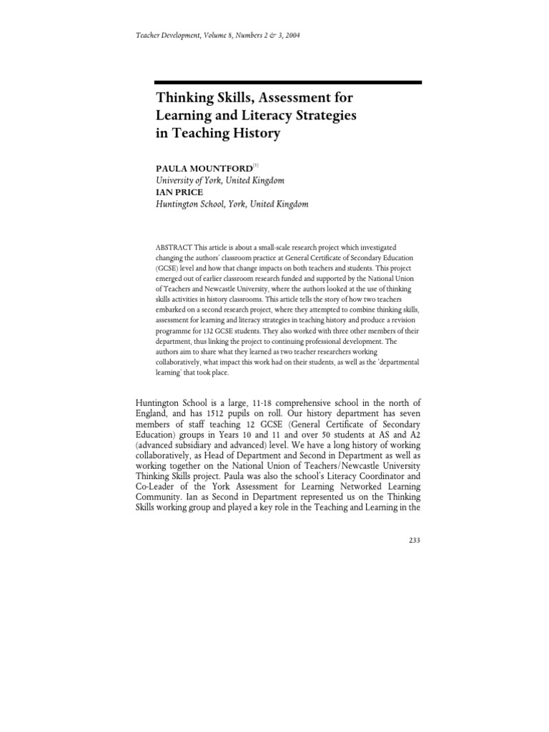 Thinking Skills Assessment For Learning and Literacy Strategies in ...