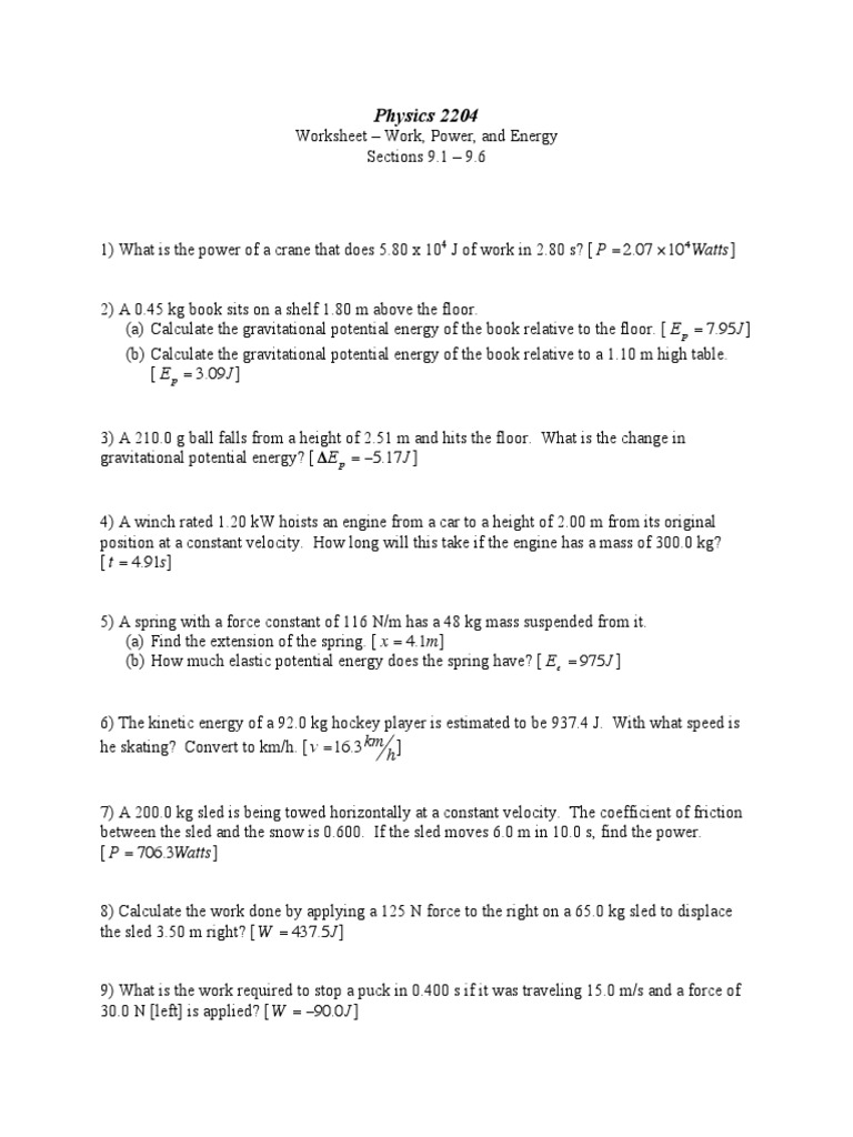 Wpe Worksheet Potential Energy Kinetic Energy