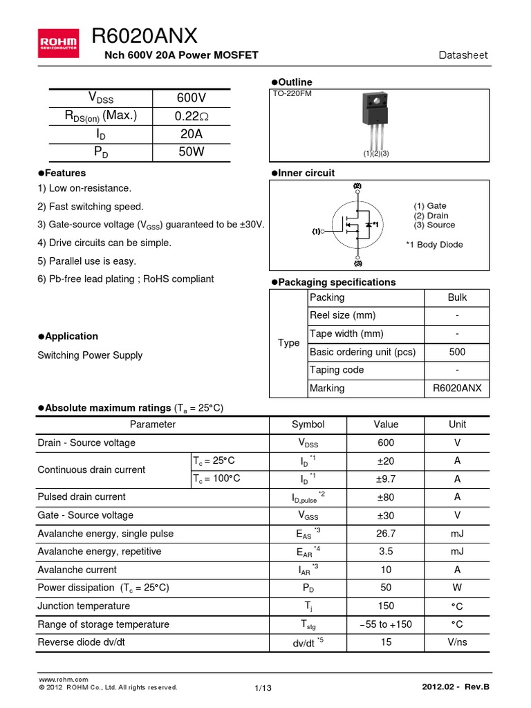 R6020ANX_12 Datasheet (PDF) Rohm Field Effect Transistor Diode