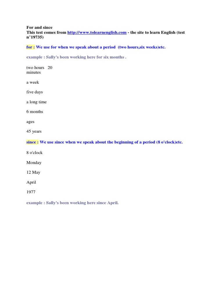 For and Since | Grammatical Tense | Perfect (Grammar)