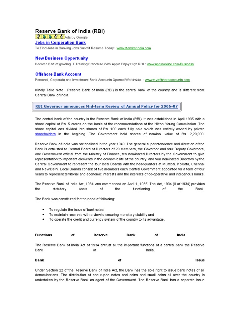 Rbi | PDF | Reserve Bank Of India | Central Banks