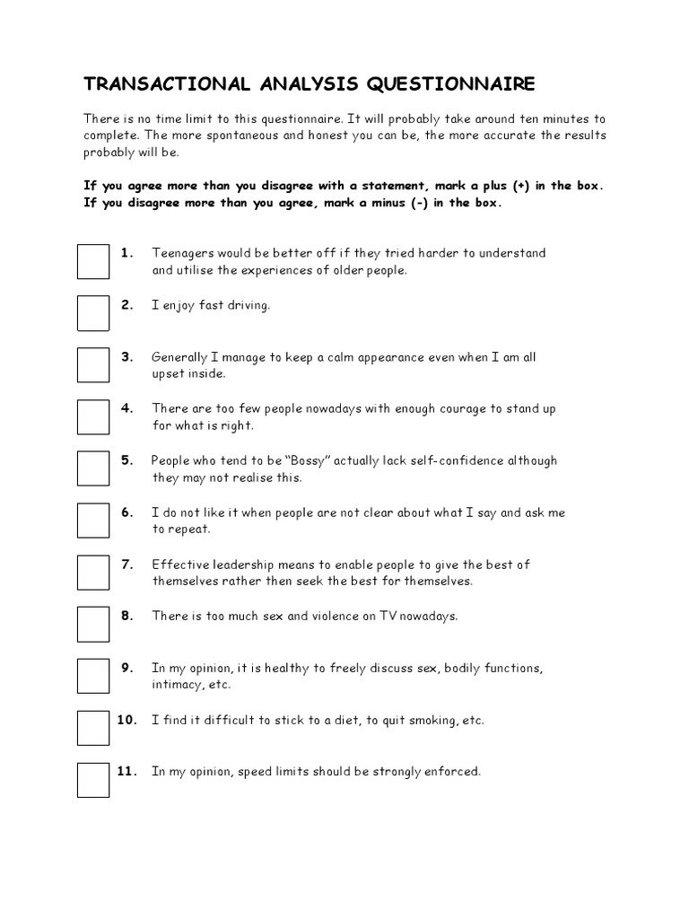 Transactional Analysis Questionnaire | PDF | Social Institutions ...