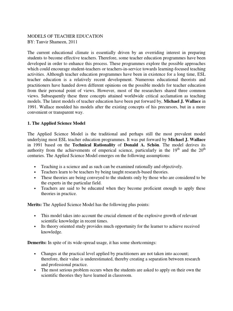 Models of Teacher Education PDF Reflective Practice Teacher Education