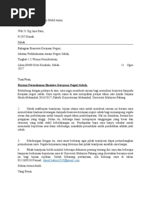 Contoh Surat Rayuan Biasiswa Atas Kemerosotan Pembelakaran