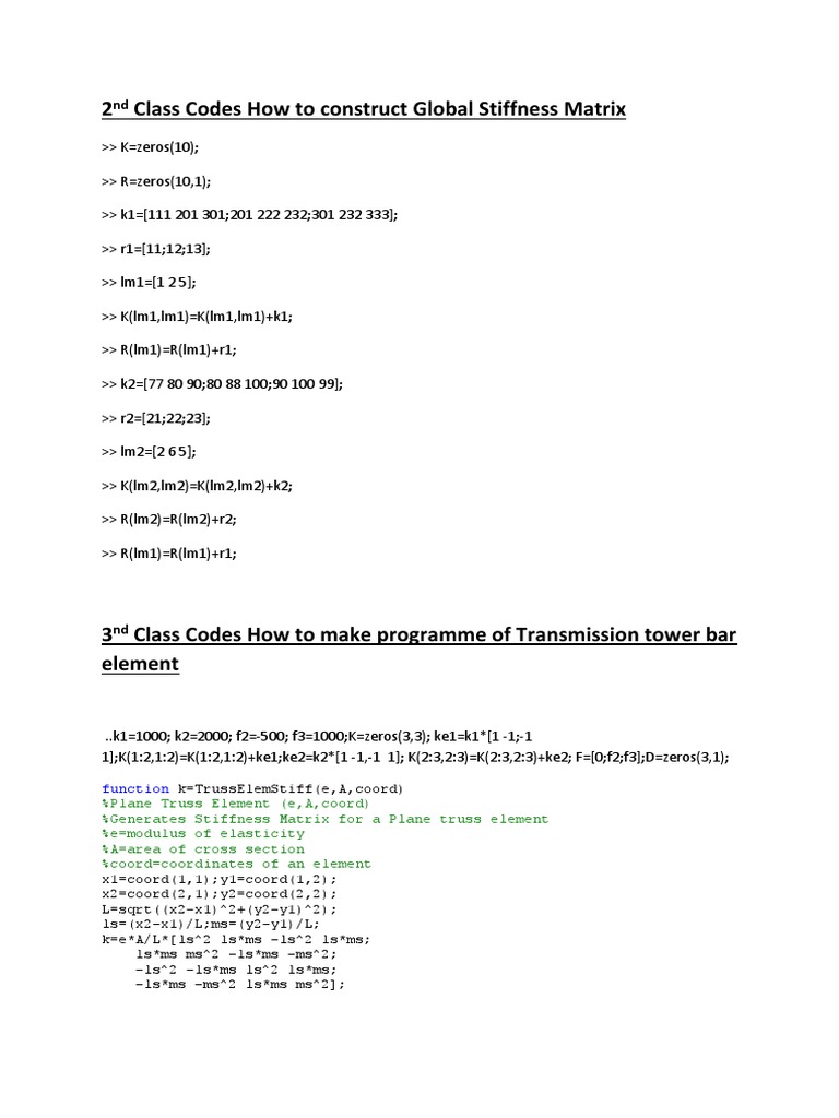 2 Class Codes How To Construct Global Stiffness Matrix: Function | PDF