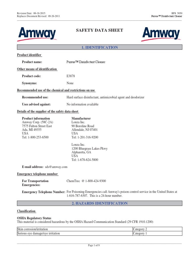 Safety Data Sheet for Pursue Disinfectant Cleaner PDF Personal