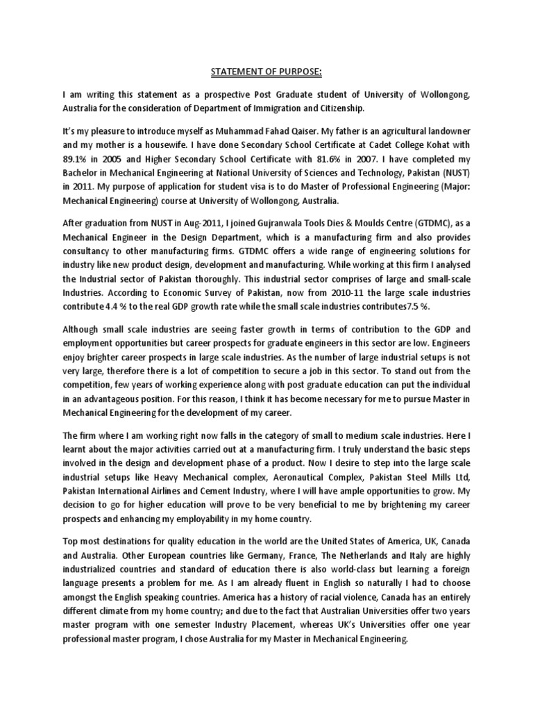 Statement of Purpose | PDF | Engineering | Mechanical Engineering