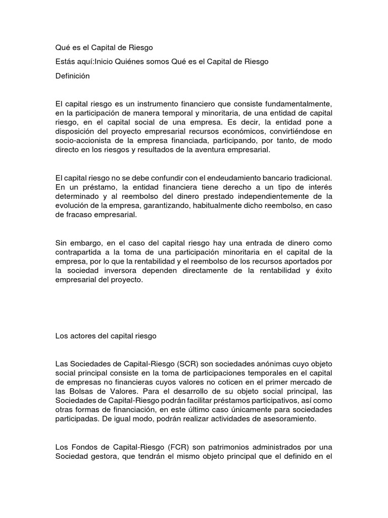 Definición y Actores del Capital Riesgo | PDF | Capital de riesgo ...