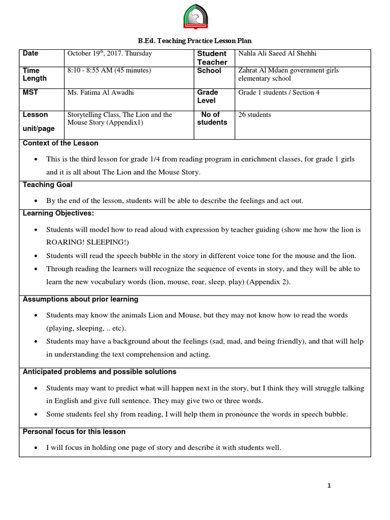 Lesson Plan: The Lion and the Mouse | PDF | Lesson Plan | Reading ...