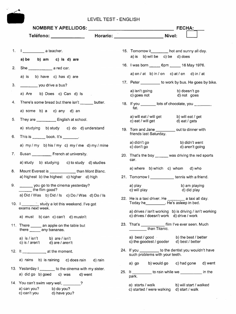 Free English Assessment Test Printable Printable Templates