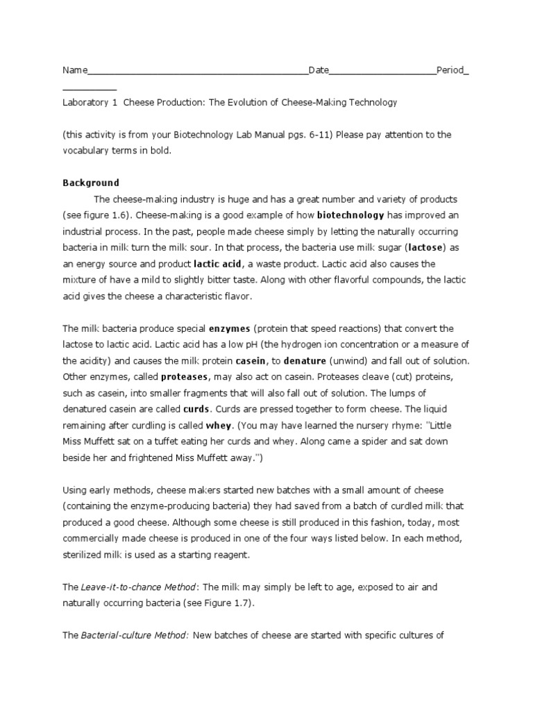 Biotech Lab 1 Cheese Making Lab | PDF | Cheesemaking | Cheese