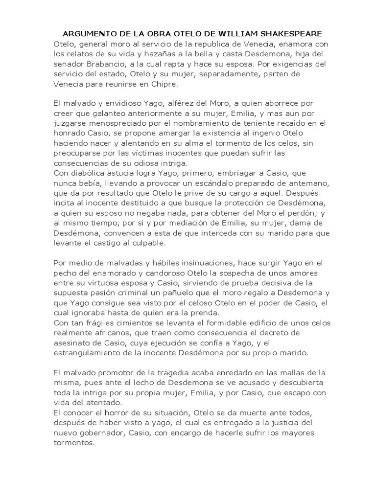 Argumento de La Obra Otelo de William Shakespeare | PDF
