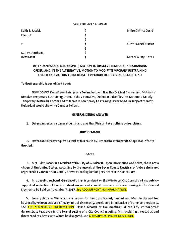 Answer and Motion to Modify Restraining Order Injunction