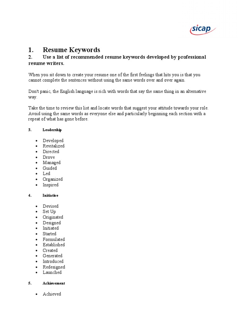 Essential Resume Keywords List | PDF