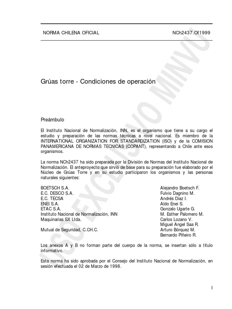Gruas Torres-Condiciones de Operacion, Norma Chilena NCH 2437 OF1999 ...