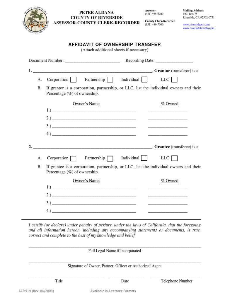 Affidavit of Ownership Transfer ACR919 Limited Liability Company Justice Free 30day