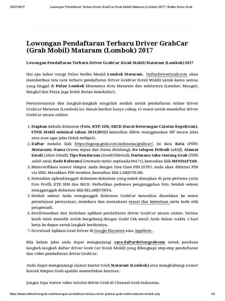 Lowongan Pendaftaran Terbaru Driver Grabcar Grab Mobil Mataram Lombok 2017 Daftar Driver Grab