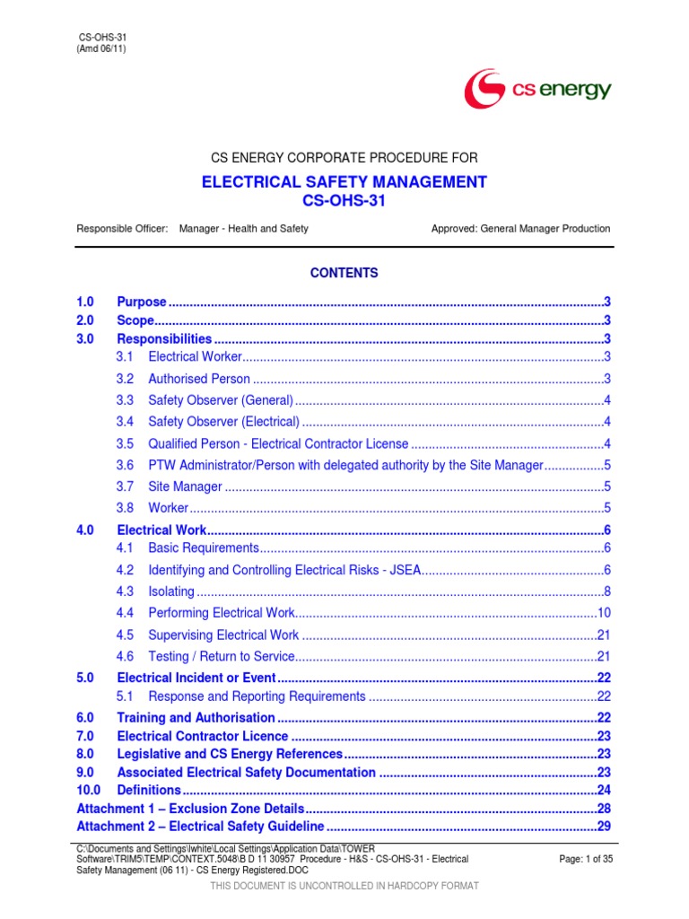 Electrical Safety Management Procedure May 2013 PDF Electricity
