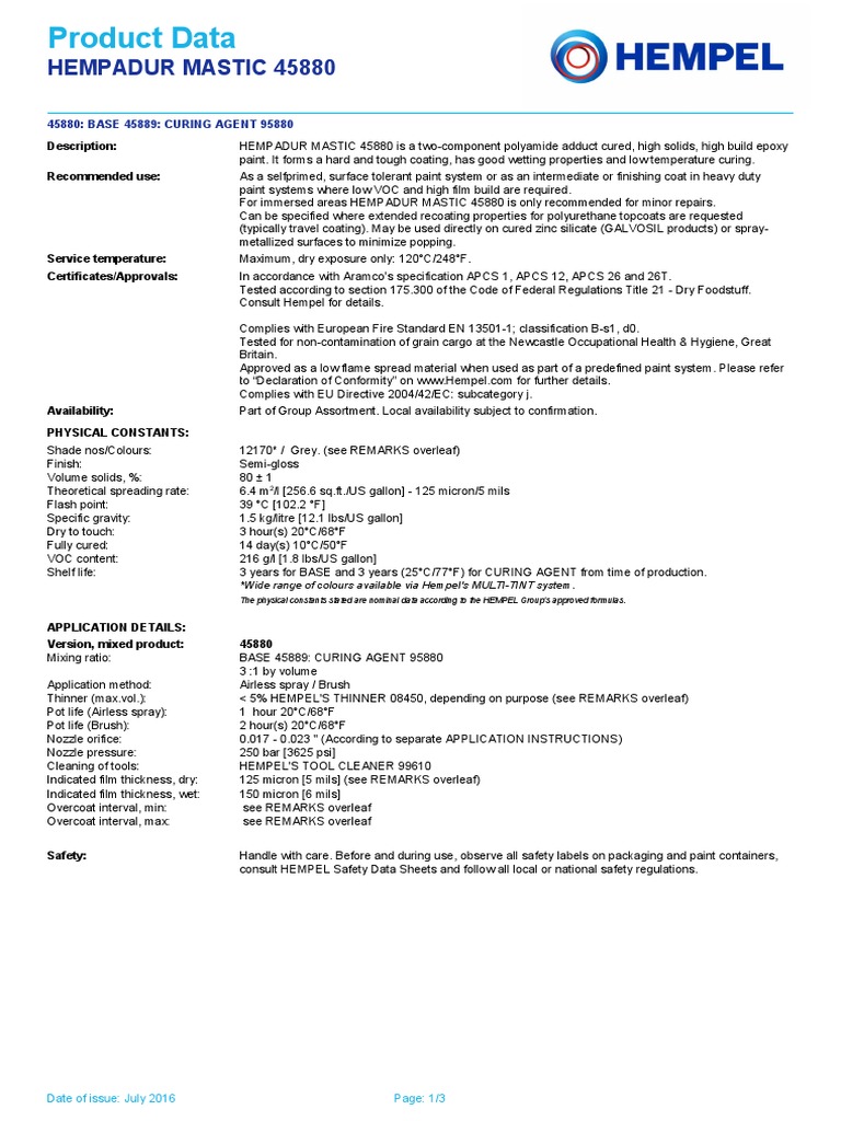 Product Data Sheet for HEMPADUR MASTIC 45880 A High Solids Epoxy Paint PDF