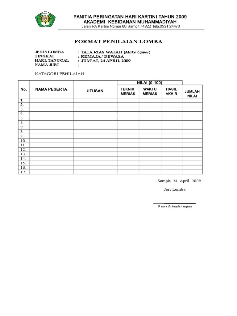 Format Penilaian Lomba Tata Rias Wajah 24 Apr 2009 Pdf