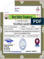 Gaya Prasad Buddhu Best Safety Employee Award Certificate For Month of Aug 2017