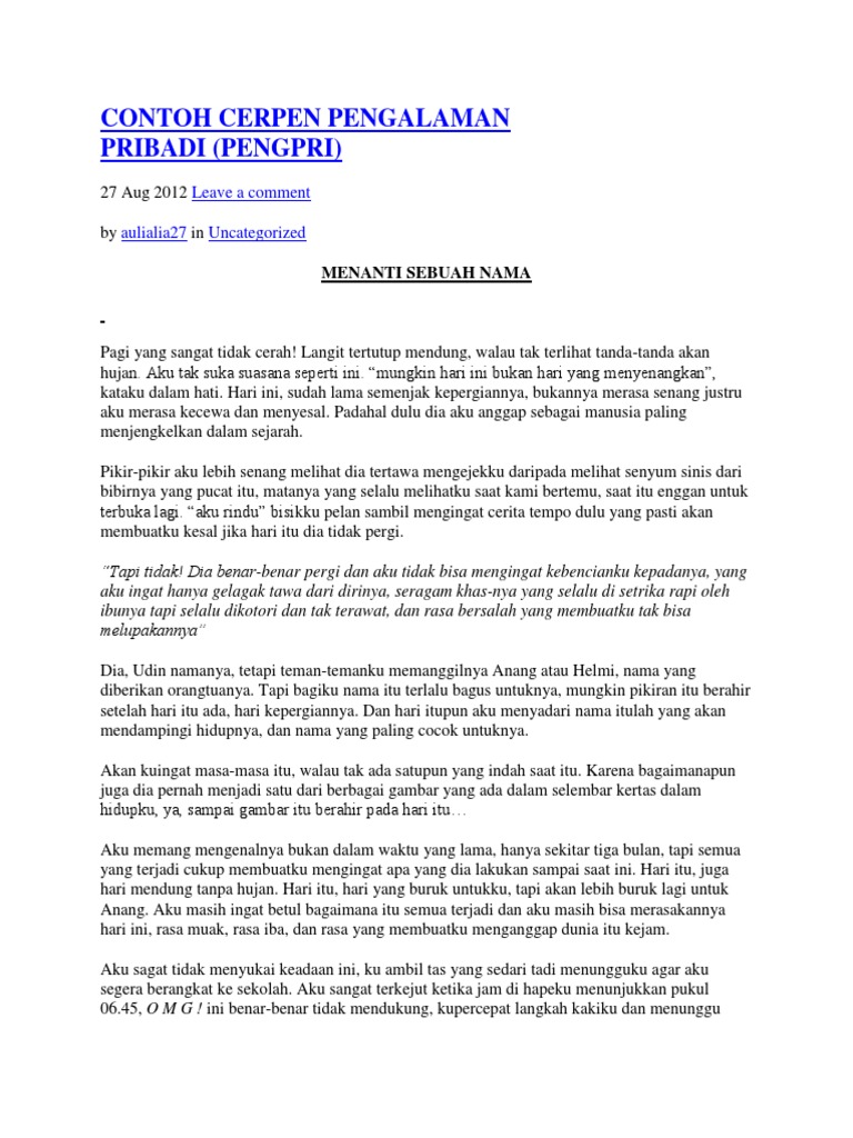 Contoh Cerpen Pengalaman Pribadi