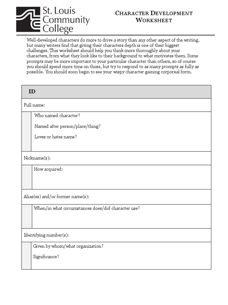 Character Development Worksheet PDF Senses Psychology