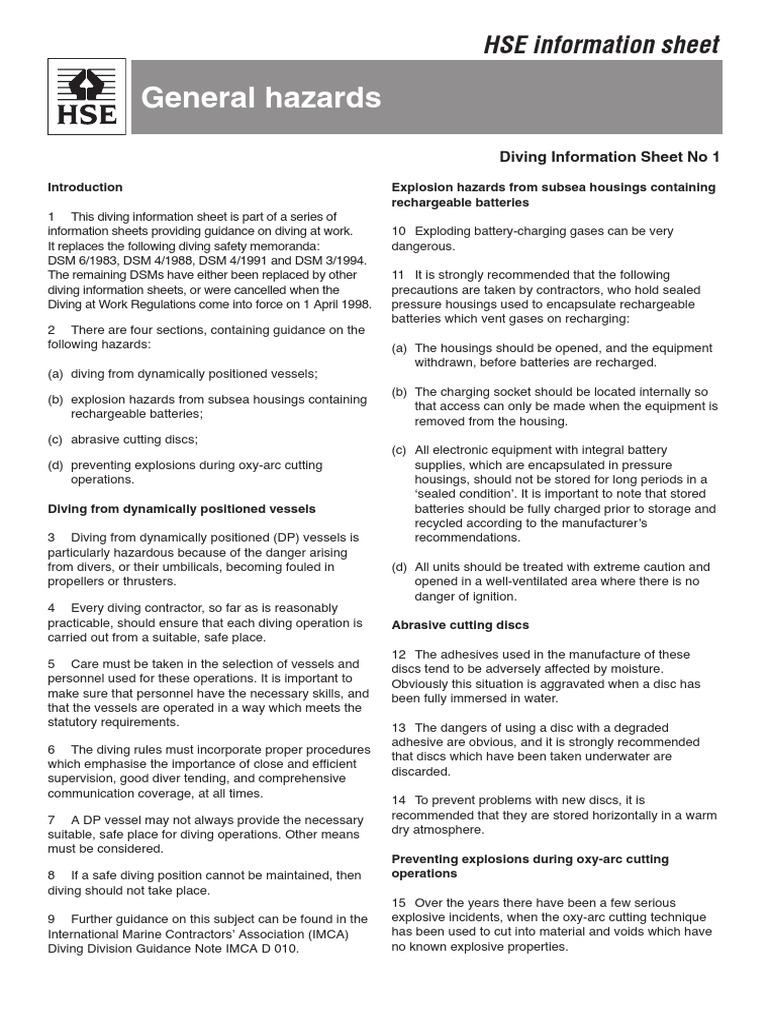 DIVE General Hazards PDF Underwater Diving Battery (Electricity)