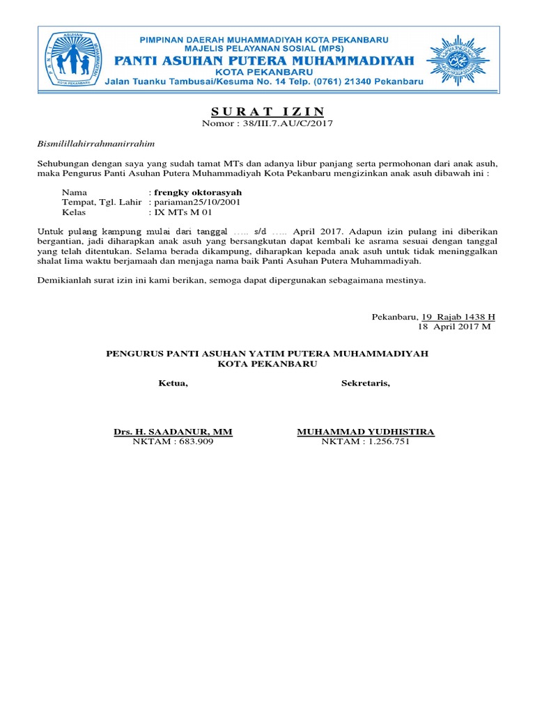 Contoh Surat Izin Pulang Kampung Dengan