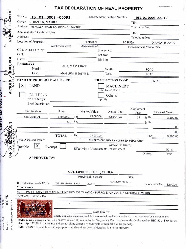 Tax Declaration of Real Property Sample | PDF
