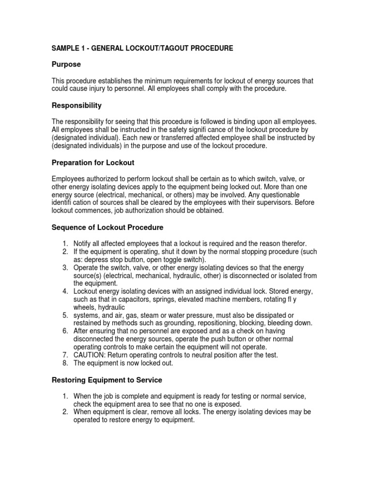 General Lockout/Tagout Procedure Guide | PDF | Electrical Engineering ...