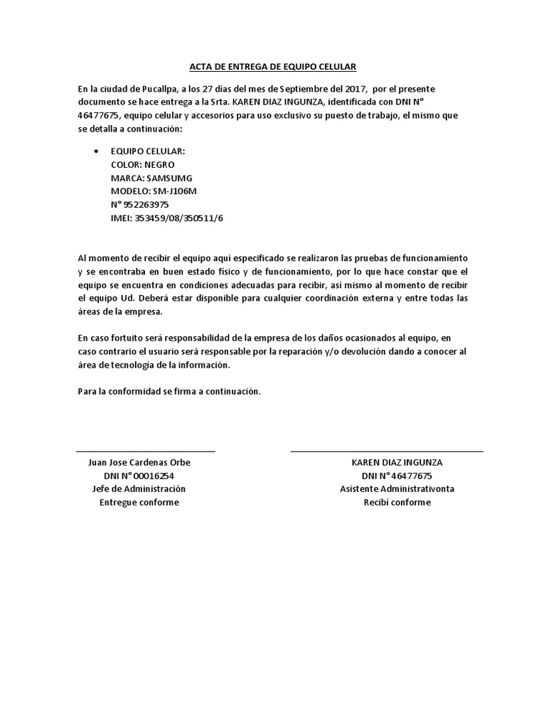 Acta de Entrega de Equipo Celular