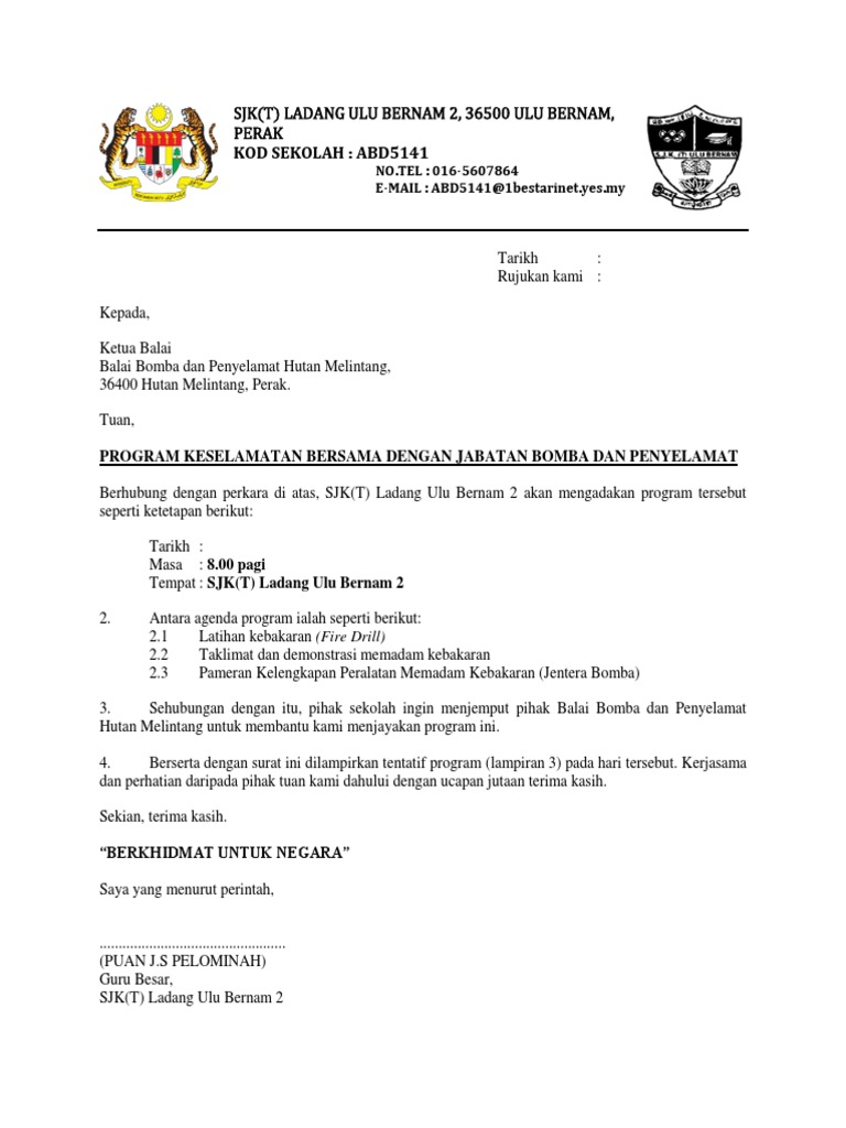 Surat Kepada Pihak Bomba Untuk Kenal Pasti Plan Kebakaran