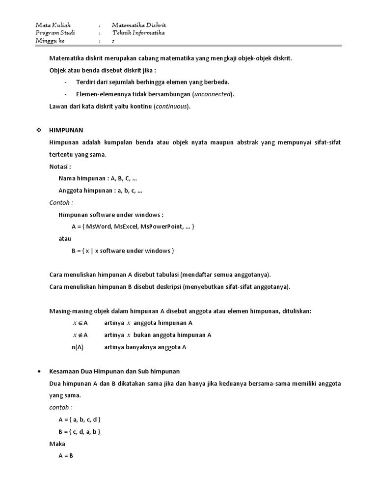 Matematika Diskrit Pertemuan 1 | PDF | Metode & Bahan Ajar | Sains ...