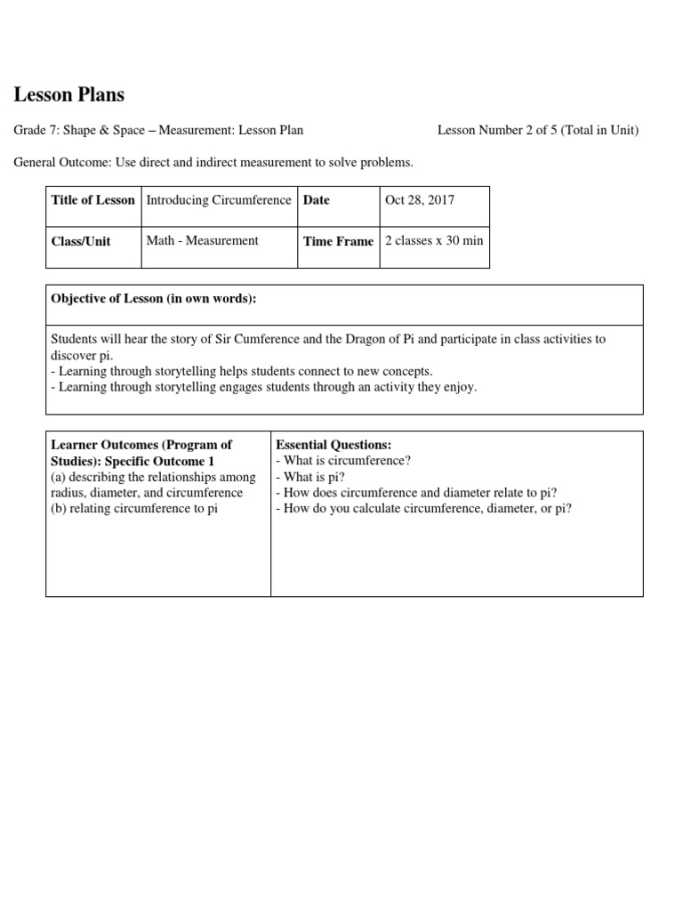 Grade 7 Lesson: Circumference & Pi | PDF | Pi | Lesson Plan