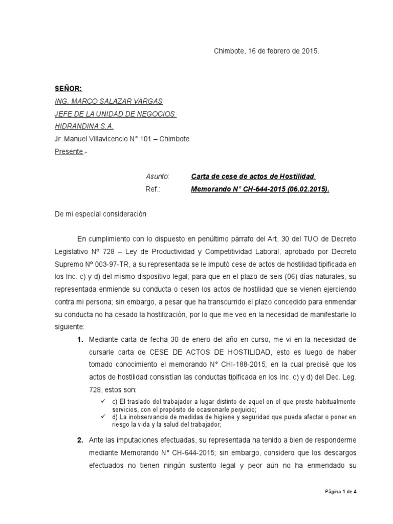 Carta De Imputaci n Cese De Hostilizaci n Javier PDF Derecho 