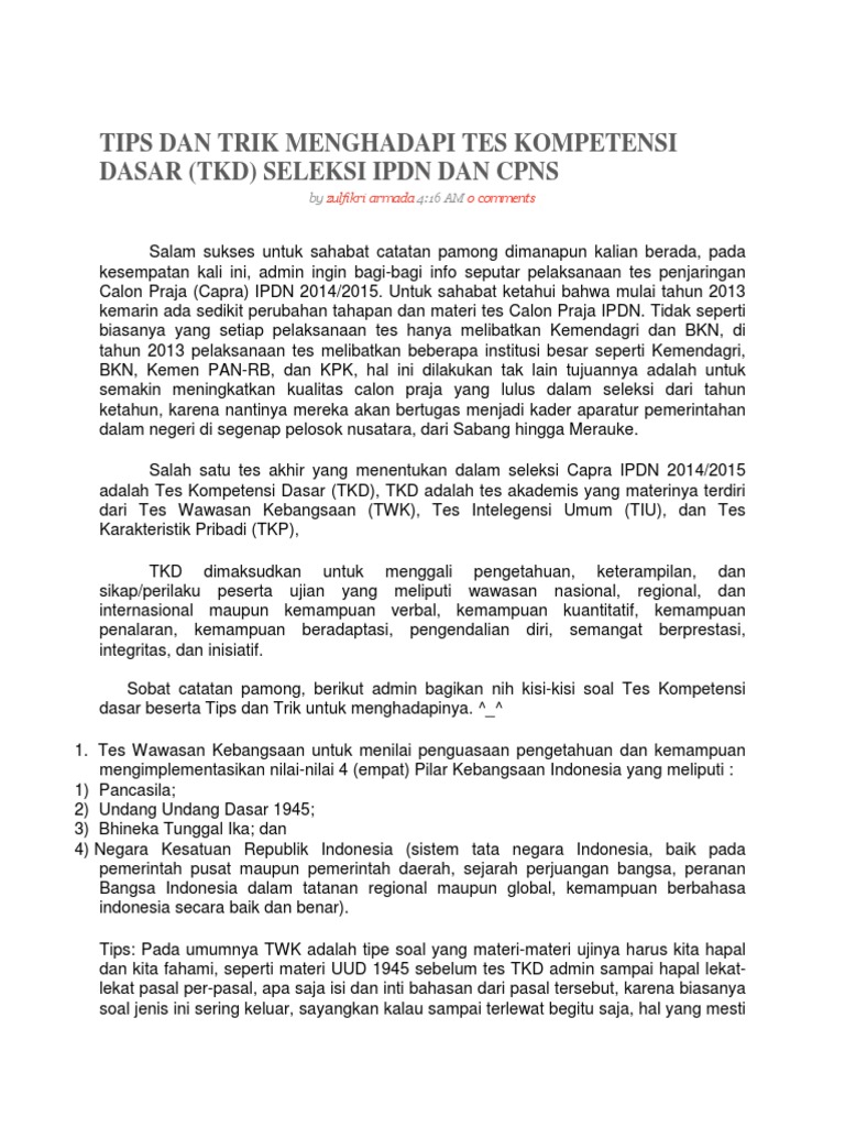 Contoh Soal Tes Karakteristik Pribadi Ipdn Berbagi