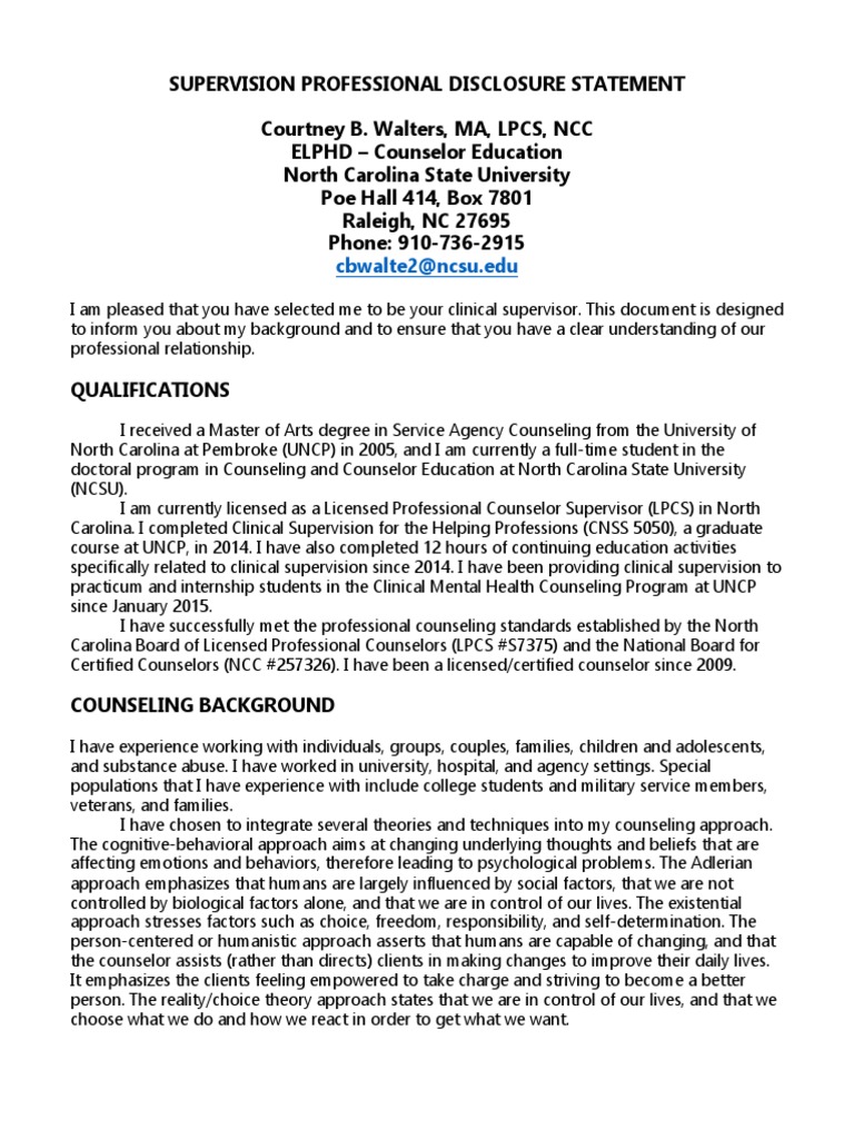 Clinical Supervision Disclosure Statement | PDF | School Counselor ...