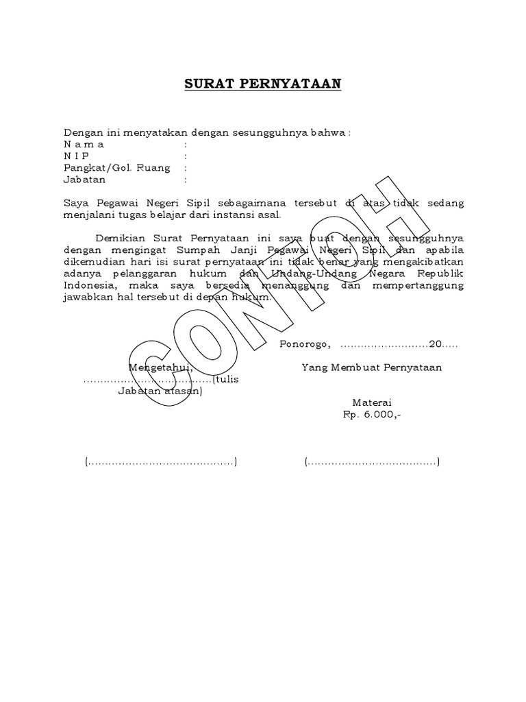 Formulir Surat Pernyataan Tidak Sedang Melaksanakan Tugas Belajar
