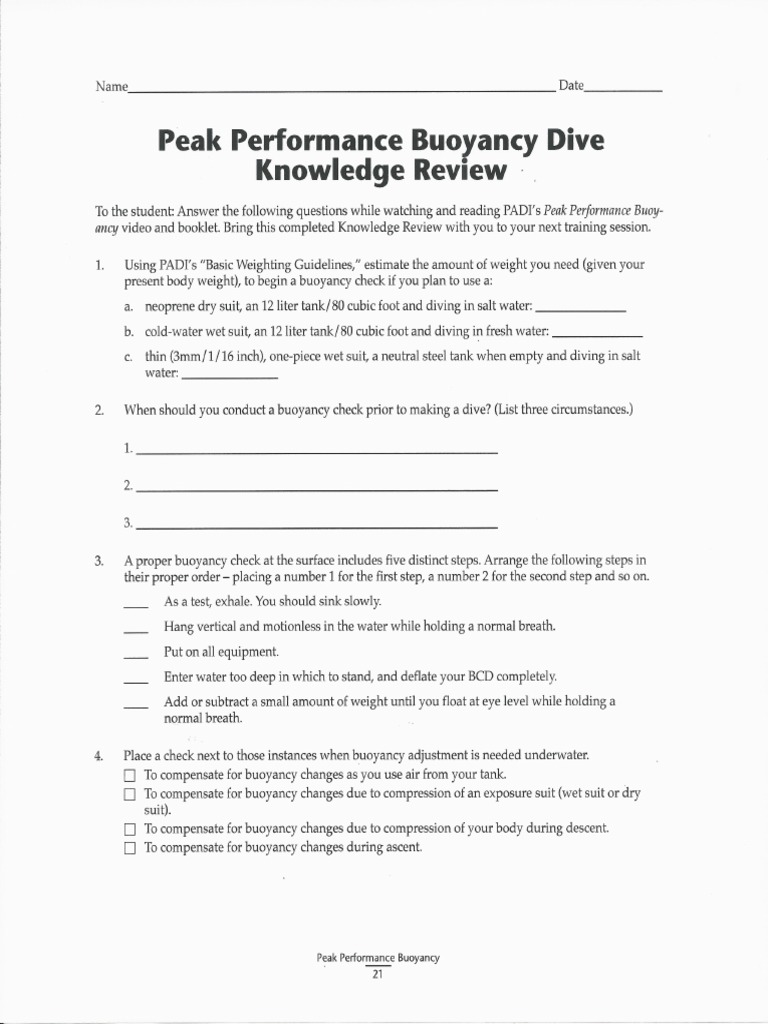 Peak Performance Buoyancy Knowledge Review 1 PDF
