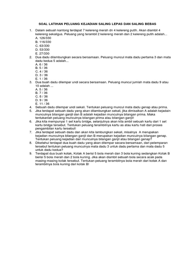Soal Latihan Peluang Kejadian Saling Lepas Dan Saling Bebas