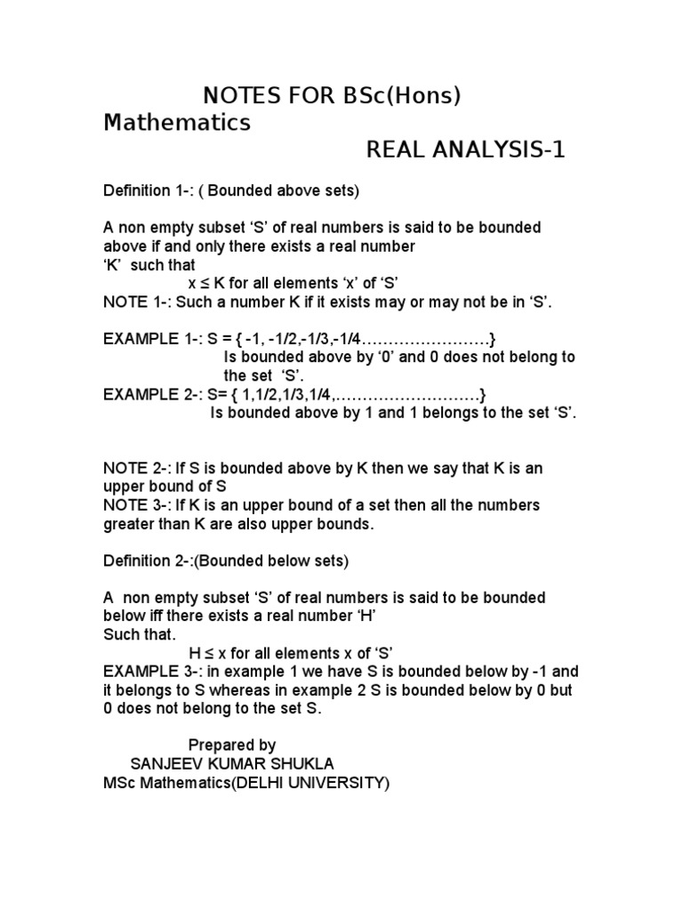 Real Analysis Notes Real Number Abstract Algebra