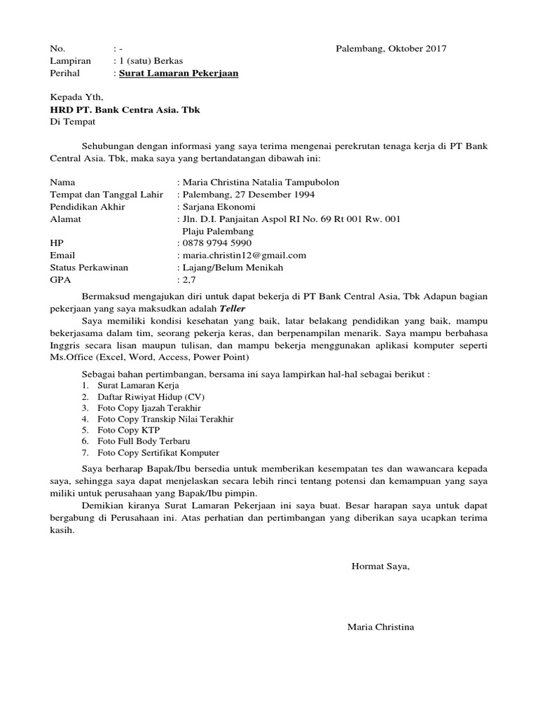 Surat Lamaran Pt Bca Pdf