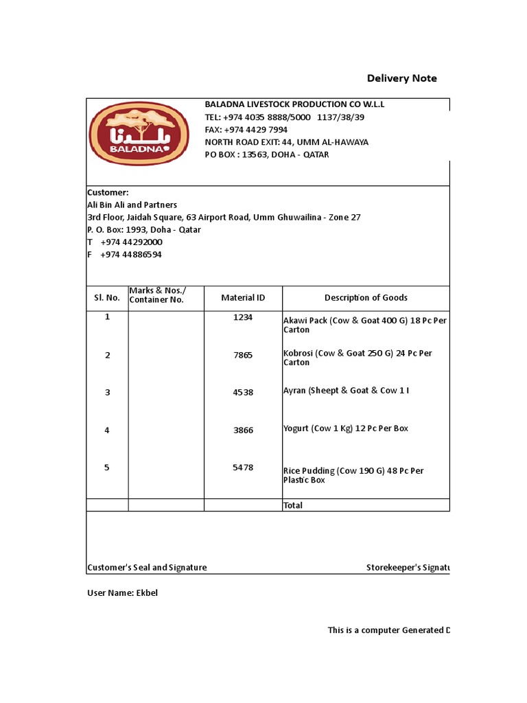 Delivery Note for Baladna Livestock | PDF | Computing And Information ...